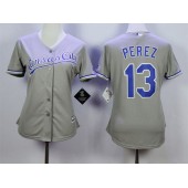 MLB Kansas City Royals 13 Salvador Perez Gray Road Cool Base Baseball Women Jersey