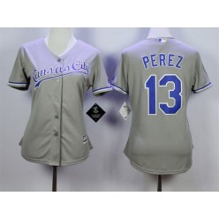 MLB Kansas City Royals 13 Salvador Perez Gray Road Cool Base Baseball Women Jersey