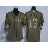 MLB Kansas City Royals 13 Salvador Perez Green Salute to Service Majestic Baseball Women Jersey