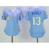 MLB Kansas City Royals 13 Salvador Perez Light Blue 2015 World Series Champions Gold Program Cool Base Women Jersey