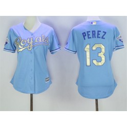 MLB Kansas City Royals 13 Salvador Perez Light Blue 2015 World Series Champions Gold Program Cool Base Women Jersey