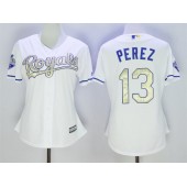 MLB Kansas City Royals 13 Salvador Perez White 2015 World Series Champions Gold Program Cool Base Stitched Baseball Women Jersey