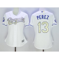 MLB Kansas City Royals 13 Salvador Perez White 2015 World Series Champions Gold Program Cool Base Stitched Baseball Women Jersey