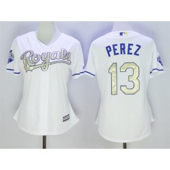 MLB Kansas City Royals 13 Salvador Perez White 2015 World Series Champions Gold Program Cool Base Stitched Baseball Women Jersey