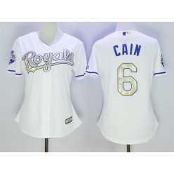 MLB Kansas City Royals 6 Lorenzo Cain White 2015 World Series Champions Gold Program Cool Base Stitched Baseball Women Jersey
