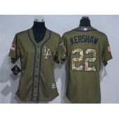 MLB Los Angeles Dodgers 22 Clayton Kershaw Green Salute to Service Majestic Baseball Women Jersey