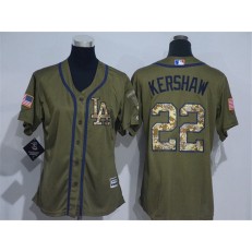 MLB Los Angeles Dodgers 22 Clayton Kershaw Green Salute to Service Majestic Baseball Women Jersey