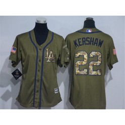 MLB Los Angeles Dodgers 22 Clayton Kershaw Green Salute to Service Majestic Baseball Women Jersey