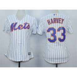 MLB New York Mets 33 Matt Harvey White With Blue Strip Women Jersey