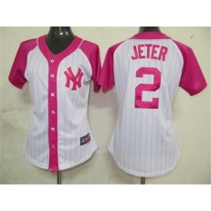 MLB New York Yankees 2 Derek Jeter White-Pink Splash Fashion Embroidered Women Jersey