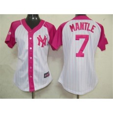 MLB New York Yankees 7 Mickey Mantle White-Pink Splash Fashion Embroidered Women Jersey