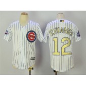 MLB Chicago Cubs 12 Kyle Schwarber White(Blue Strip) Gold Program Cool Base Stitched Youth Jersey