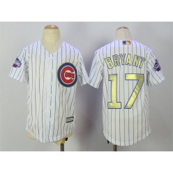 MLB Chicago Cubs 17 Kris Bryant White(Blue Strip) Gold Program Cool Base Stitched Youth Jersey