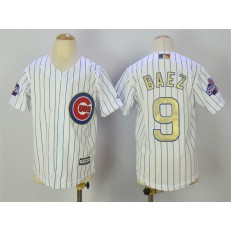 MLB Chicago Cubs 9 Javier Baez White(Blue Strip) Gold Program Cool Base Stitched Youth Jersey