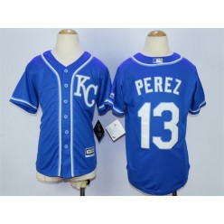 MLB Kansas City Royals 13 Salvador Perez Alternate Blue KC 2015 Cool Base Youth Jersey
