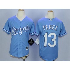 MLB Kansas City Royals 13 Salvador Perez Light Blue Cool Base Baseball Youth Jersey