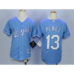MLB Kansas City Royals 13 Salvador Perez Light Blue Cool Base Baseball Youth Jersey