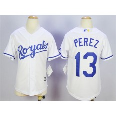 MLB Kansas City Royals 13 Salvador Perez White 2015 Cool Base Youth Jersey