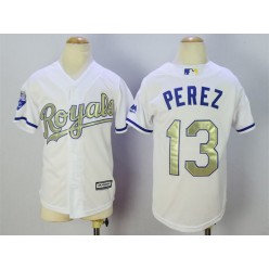 MLB Kansas City Royals 13 Salvador Perez White World Series Champions Gold Program Majestic Youth Jersey