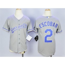 MLB Kansas City Royals 2 Alcides Escobar Grey Road 2015 Cool Base Youth Jersey