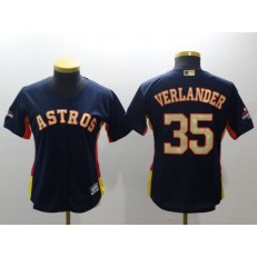 MLB Houston Astros 35 Justin Verlander Navy 2018 World Series Champions Gold Program Cool Base Stitched Baseball Women Jersey