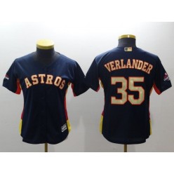 MLB Houston Astros 35 Justin Verlander Navy 2018 World Series Champions Gold Program Cool Base Stitched Baseball Women Jersey