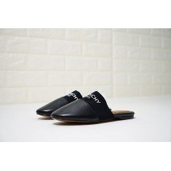 GIVENCHY PARIS FLAT BLACK LEATHER MULES WITH WHITE LOGO