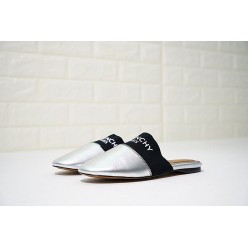 GIVENCHY PARIS FLAT SILVER METALLIC LEATHER MULES WITH WHITE LOGO