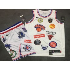 Supreme x Nike x NBA Logos White Stitched Basketball Jersey With Shorts