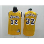 Los Angeles Lakers #32 Magic Johnson Yellow 1984-85 Hardwood Classics Road Mitchell And Ness Men Jersey