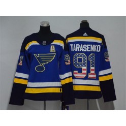 St.Louis Blues #91 Vladimir Tarasenko Blue Women USA Flag Adidas Jersey