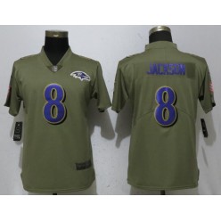 Women Nike Baltimore Ravens #8 Lamar Jackson Olive Salute To Service Limited NFL Jersey