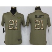 Women Nike Dallas Cowboys #21 Ezekiel Elliott Olive Camo Salute To Service Limited NFL Jersey