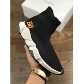 BALENCIAGA SPEED STRETCH-KNIT MID SNEAKERS BLACK WHITE WITH BB LOGO