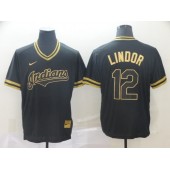 MLB Cleveland Indians #12 Francisco Lindor Black Gold Nike Cooperstown Collection Legend V Neck Men Jersey