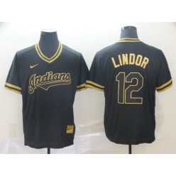 MLB Cleveland Indians #12 Francisco Lindor Black Gold Nike Cooperstown Collection Legend V Neck Men Jersey