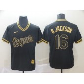MLB Kansas City Royals #16 Bo Jackson Black Gold Nike Cooperstown Collection Legend V Neck Men Jersey