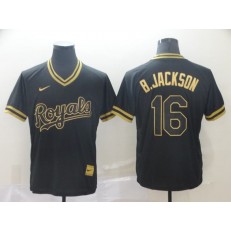MLB Kansas City Royals #16 Bo Jackson Black Gold Nike Cooperstown Collection Legend V Neck Men Jersey