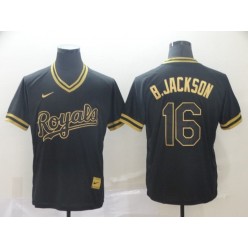 MLB Kansas City Royals #16 Bo Jackson Black Gold Nike Cooperstown Collection Legend V Neck Men Jersey