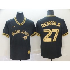 MLB Toronto Blue Jays #27 Vladimir Guerrero Jr. Black Gold Nike Cooperstown Collection Legend V Neck Men Jersey