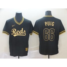 MLB Cincinnati Reds #66 Yasiel Puig Black Gold Nike Cooperstown Collection Legend V Neck Men Jersey