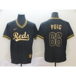 MLB Cincinnati Reds #66 Yasiel Puig Black Gold Nike Cooperstown Collection Legend V Neck Men Jersey