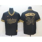 MLB Minnesota Twins 34 Kirby Puckett Black Gold Nike Cooperstown Collection Legend V Neck Men Jersey