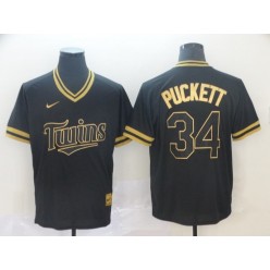 MLB Minnesota Twins 34 Kirby Puckett Black Gold Nike Cooperstown Collection Legend V Neck Men Jersey