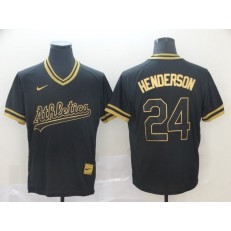 MLB Oakland Athletics 24 Rickey Henderson Black Gold Nike Cooperstown Collection Legend V Neck Men Jersey