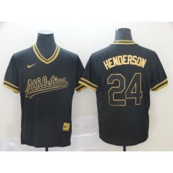 MLB Oakland Athletics 24 Rickey Henderson Black Gold Nike Cooperstown Collection Legend V Neck Men Jersey