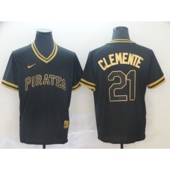 MLB Pittsburgh Pirates 21 Roberto Clemente Black Gold Nike Cooperstown Collection Legend V Neck Men Jersey