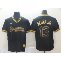 MLB Atlanta Braves #13 Ronald Acuna Jr Black Gold Nike Cooperstown Collection Legend V Neck Jersey