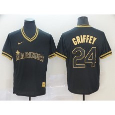 MLB Seattle Mariners #24 Ken Griffey Jr. Black Gold Nike Cooperstown Collection Legend V Neck Jersey