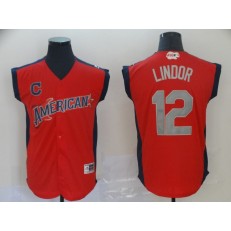 American League #12 Francisco Lindor Red 2019 MLB All Star Game Workout Player Jersey